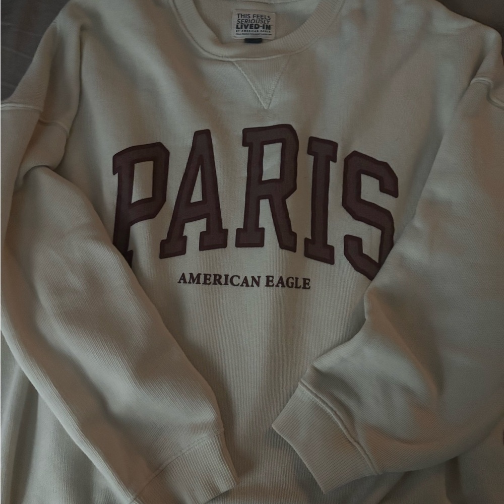 American Eagle Outfitters Cream Crewneck Sweater with Paris Print
